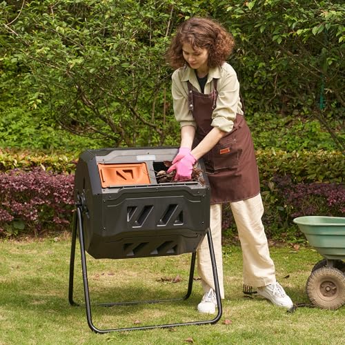East Oak Compost Tumbler Outdoor, 43-Gallon Tumbling Compost Bin with 2 Sliding Orange Doors & Aeration System, Tumbling Rotating Composter Bin for Kitchen, Garden, Yard, - color: Burnt Orange, size: 43 Gallon
