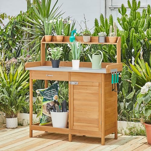 Topeakmart Outdoor Potting Bench with Storage Potting Table,Wood - color: Natural Wood
