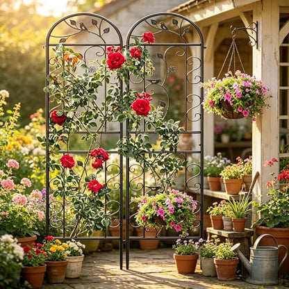 2-Pack 87" x 20" Daisy & Bird Arch Black Metal Garden Trellises - color: 2 Pack 87"- Daisy & Bird Black
