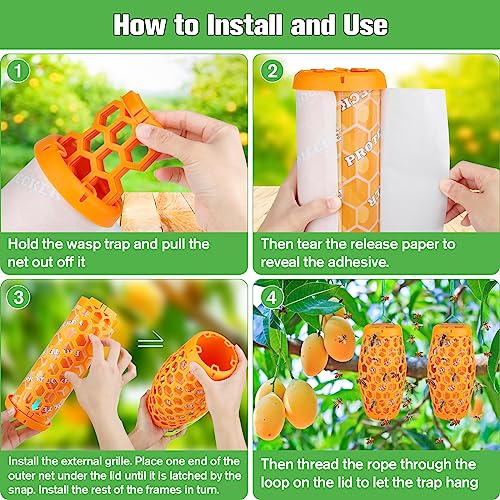 Wasp Trap & Sticky Pads Bundle – 2 Pack Hanging Wasp Trap with 12 Refill Glue Boards for Outdoor Use (Orange)