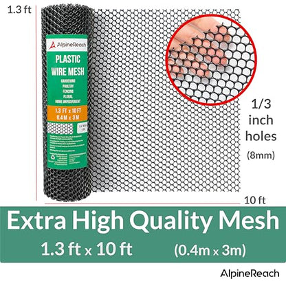 AlpineReach Plastic Chicken Wire Fencing Mesh 1.3ft x 10ft Roll with Zip Ties - Ideal for Poultry, Dogs, Rabbit Barrier & Gardening, Durable UV Resistant, Versatile Rigid Fence, Black (15.7" x 120") - size: 1.3ft x 10ft