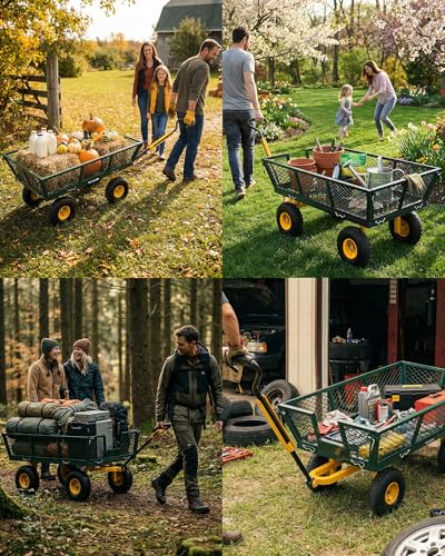 900 Lbs Heavy Duty Steel Garden Cart, Outdoor Metal Garden Wagon On Wheels, Utility Yard Cart with Mesh Removable Sides(Convert to Flatbed) and Removable Handle to Wheel Barrow, Green - color: Light Green
