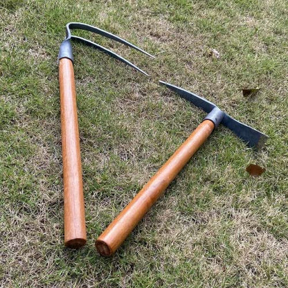 2PCS 19.6 Inches Garden Pick, 2 Prong Hand Hoe Tool Set Garden Tool with Wooden Handle, Transplanting Digging Planting Loose Soil Camping or Prospecting