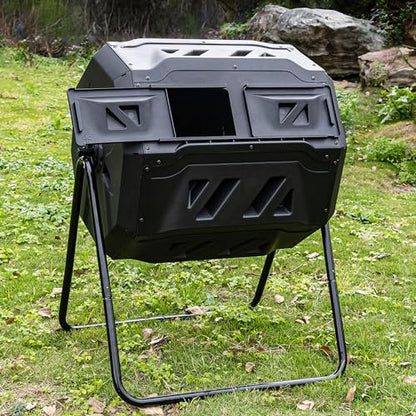 FixtureDisplays® 42 Gallon 28X24X36 Black Garden Waste Processing Bin, Dual Rotating Chambers, Outdoor Tumbler Design 15813NEW-NPF