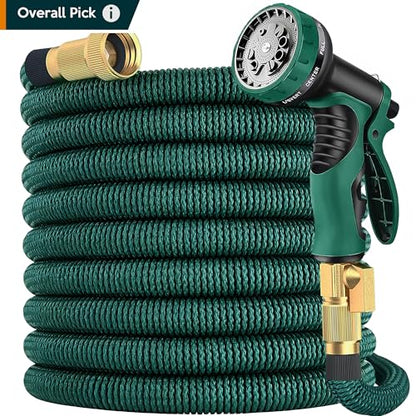 Expandable Garden Hose 100 ft with 10 Function Nozzle Sprayer, Lightweight & No-Kink Flexible Water Hose with Durable Latex Core & Solid Brass Fittings, 100ft Retractable Stretch Hose (DarkGreen)