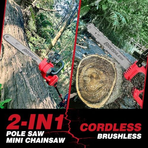 2-IN-1 Cordless 10-Inch Pole Saw And Chainsaw Compatible with Milwaukee 18V Battery, Total Reach of Max 15ft, Auto Oiling, Electric Pole Saw for Tree Trimming Pruning (Battery NOT Included)