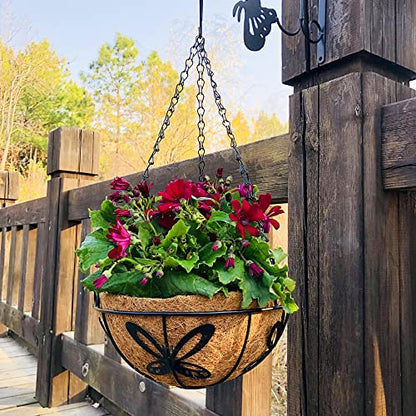 Metal Hanging Planter Flower Basket with Coco Liner for Plants Outdoor Garden Decoration Porch Decor Watering Pot Indoor - Butterfly Pattern, 12 Inch, 2 Pack
