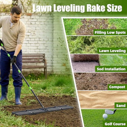 GARDTECH 48x10 Inch Lawn Leveling Rake Heavy Duty Adjustable Handle Yard Tool – Reinforced Steel Landscape Rake for Lawn Leveling, Soil Grading, Golf Course & Backyard Care - size: 48''x10''