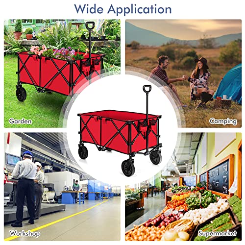 Goplus Collapsible Wagon, Folding Utility Wagon Cart w/Universal Wheels & Adjustable Handle & Cover Bag, Grocery Wagon for Garden Shopping Camping (Red) - color: Red