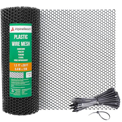 AlpineReach Plastic Chicken Wire Fencing Mesh 1.3ft x 30ft Roll with Zip Ties - Ideal for Poultry, Dogs, Rabbit Barrier & Gardening, Durable UV Resistant, Versatile Rigid Fence, Black (15.7" x 360") - size: 1.3ft x 30ft