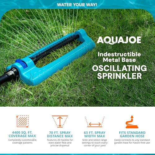 Aqua Joe Oscillating Sprinkler with Metal Ground Spike, Adjustable Spray Position Irrigator for 4400 Sq Ft Coverage Compatible with Garden Hoses