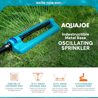 Aqua Joe Oscillating Sprinkler with Metal Ground Spike, Adjustable Spray Position Irrigator for 4400 Sq Ft Coverage Compatible with Garden Hoses