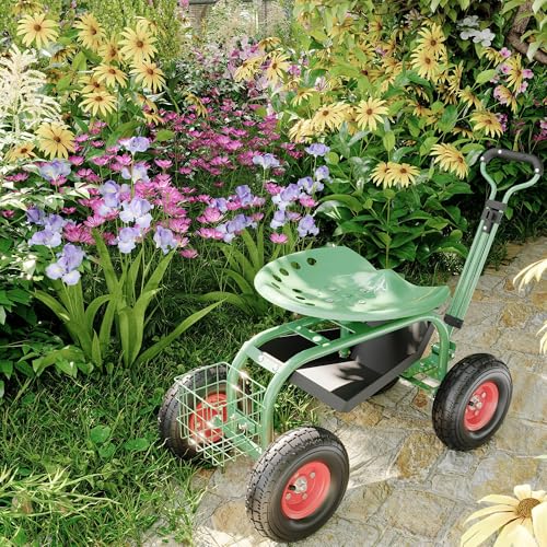 Gardening Cart with Wheeled Seat, Mobile Rolling Work Cart for Elderly