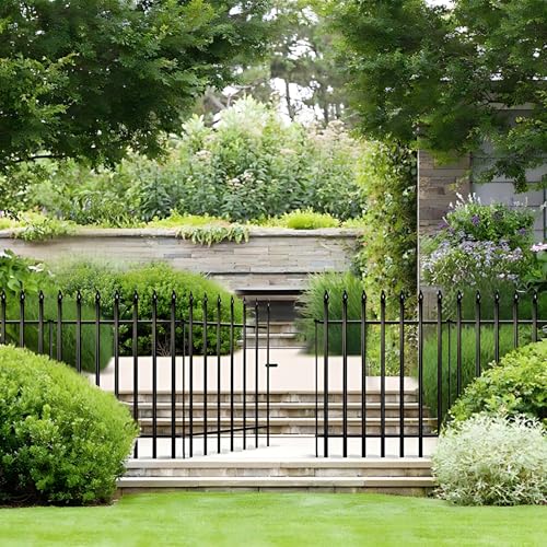 Thealyn 36" H x 28" W Metal Garden Fence with Gate, Animal Barrier, 11.6 Ft - color: Black, size: 36″ H x 11.6 ft (4 Panels + 1 Gate)