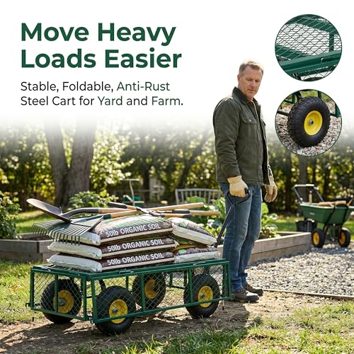 Finnhomy Heavy Duty 1000 Lbs Capacity Mesh Steel Garden Cart, Pullable Garden Wagons Carts on Wheels, Folding Utility Wagon with Removable Sides for Outdoor, Yard, Lawn, Green - color: Green