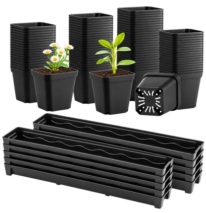 RooTrimmer 10 Pack Plastic Windowsill Saucer with 2.8 inch (7CM) Square Nursery Pots 60pcs, Rectangular Window Sill Plant Pot Trays with Removable Drainage Hole, Thick Plant Saucer Tray (Black) - size: Trays (17"x3"x1.5") + 2.8 Inch Pots-10 Pack