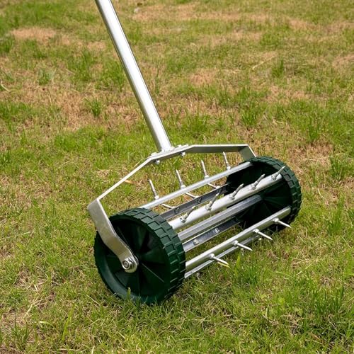 Rolling Lawn Aerator, Heavy Duty Push Tine Spike Aerator Gardening Tool with 3-Piece Long Steel Handle and Rolling Spikes, Manual Rotary Soil Lawn Aeration for Garden Yard Patio