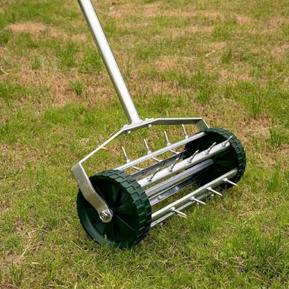 Rolling Lawn Aerator, Heavy Duty Push Tine Spike Aerator Gardening Tool with 3-Piece Long Steel Handle and Rolling Spikes, Manual Rotary Soil Lawn Aeration for Garden Yard Patio