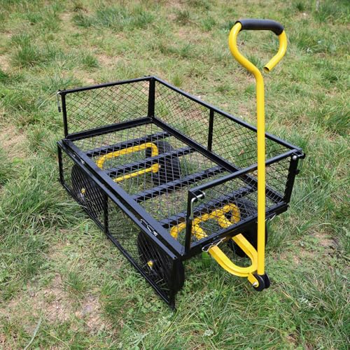 Metal Utility Wagon with 10" Solid Large Wheels 500 Lbs Capacity Heavy Duty Wheel Barrow Mesh Steel Garden Wagon Cart Dump Cart Pullable with 180° Rotating Handle Removable Sides (Black & Yellow) - color: Black & Yellow