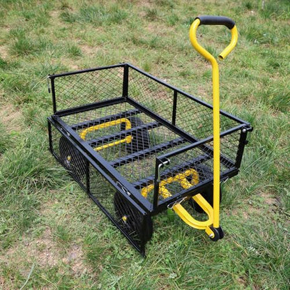 Metal Utility Wagon with 10" Solid Large Wheels 500 Lbs Capacity Heavy Duty Wheel Barrow Mesh Steel Garden Wagon Cart Dump Cart Pullable with 180° Rotating Handle Removable Sides (Black & Yellow) - color: Black & Yellow