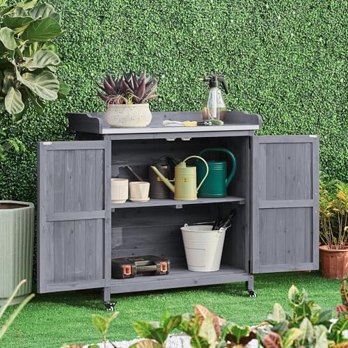 Topeakmart Potting Bench for Outside with Storage Cabinet & Metal Top,Gray - color: Gray