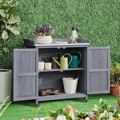 Topeakmart Potting Bench for Outside with Storage Cabinet & Metal Top,Gray - color: Gray