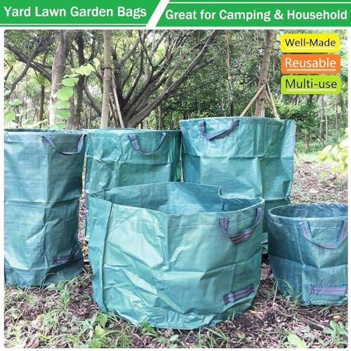 Professional 3-Pack 72 Gallon Lawn Garden Bags Big (D26,H30 in) Reusable Yard Waste Bags with Gardening Gloves for Leaf Bag,Lawn Clippings,Hedge Pruning,Tree Trimmings,Yard Debris,Weeds Bag 4 Handles