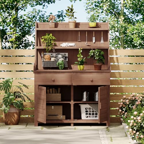 Outdoor Potting Bench Table, Wooden Gardening Table with Storage Cabinet, Drawer, Shelf, Planting Work Bench Station for Garden, Patio, Brown