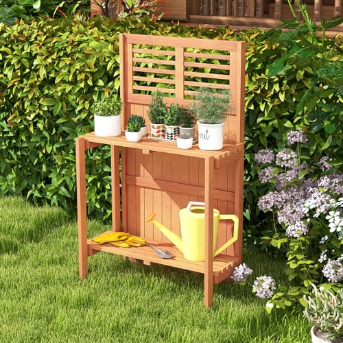 Garden Potting Bench Table, Folding Potting Bench Outdoor Workstation with Trellis & 2-Tier Shelves, Wood Potting Table for Outdoor, Deck, Balcony, Garden, Backyard