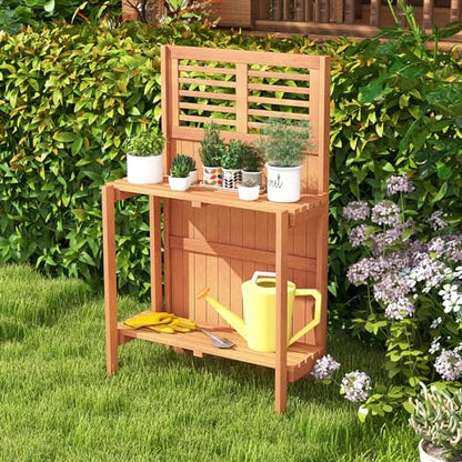 Garden Potting Bench Table, Folding Potting Bench Outdoor Workstation with Trellis & 2-Tier Shelves, Wood Potting Table for Outdoor, Deck, Balcony, Garden, Backyard