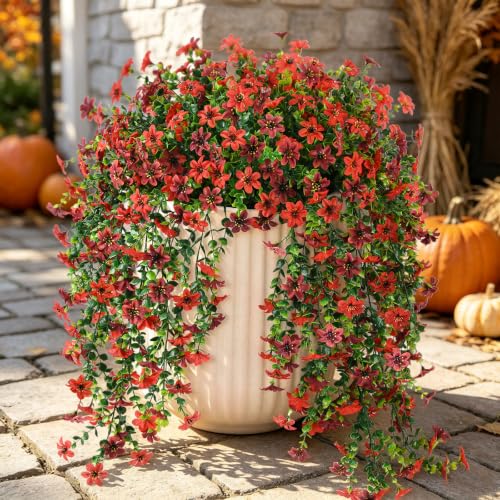 ZFProcess Artificial Hanging Flowers for Outdoors, 2 Pcs Fake Hanging Plant Spring Summer Decor, UV Resistant No Fade Realistic Faux Flower for Front Door Porch Planter Patio Garden Yard(Red Brown) - color: Red Brown B