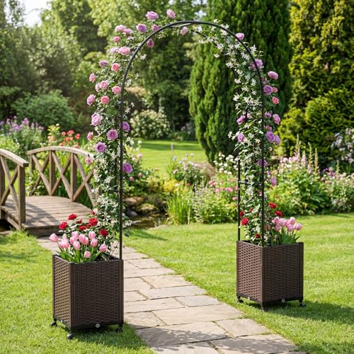 BECOMFORT 91”H Garden Arch Trellis with with 2 Self-Watering Planter Box, PE-Coated Metal Arbor with Lockable Wheels for Climbing Plants Outdoor Wedding Garden Party Backdrop & Flower Support - size: 80“Lx16"Wx91”H