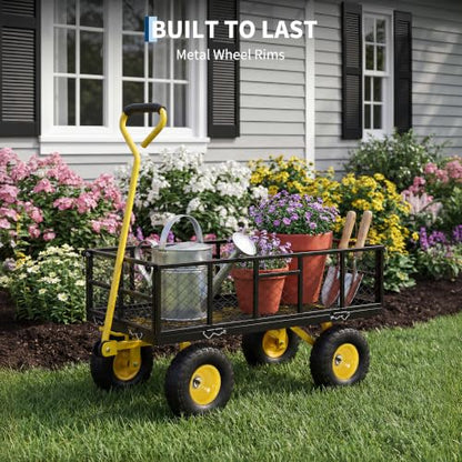 Steel Garden Dump Cart, 900LBS Garden Wagon with Removable Sides - color: Black
