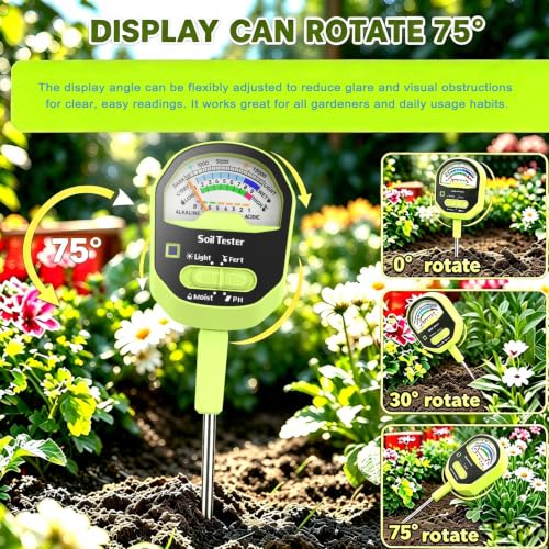 Soil Moisture Meter, 4-in-1 Soil Tester PH, Soil Moisture, Fertility, Sunlight Intensity with Removable Probe, Large Dial Soil Tester Kit for Gardening, Farming, Lawning and Outdoor Plants
