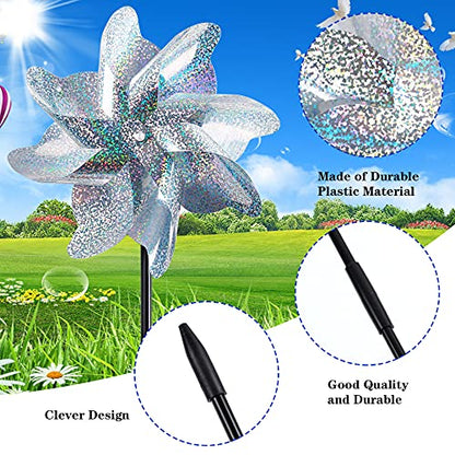 NOVWANG 16 PCS Reflective Pinwheels with Stakes, Extra Sparkly Pinwheels for Yard and Garden Pinwheels Bulk, Bird and Animal Deterrent Device to Scare Birds Away from Patio(Silver)