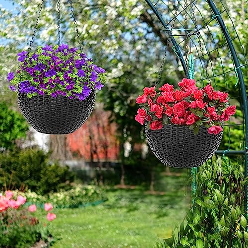Foraineam 4 Pack Black Hanging Planters, 8.2 inch Hanging Flower Basket Planter Pots, Garden Plant Pot Container, Balcony Patio Hanging Basket Planters with Drainage Hole for Indoor and Outdoor Use