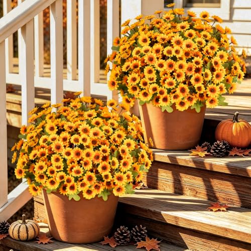 Fake Mums Artificial Fall Flowers for Outdoors Silk Daisy Bulk - color: Yellow