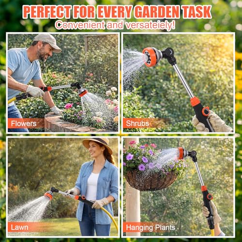 Hushee 4 Pack 18.5-Inch Metal Watering Wand with 180° Rotating Head, 8 Adjustable Spray Patterns & Thumb Control Nozzle – Perfect for Hanging Baskets, Shrubs & Plants, Durable Garden Hose Sprayer