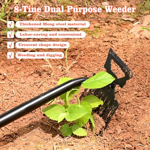 BokingOne Portable Weed Removal Tool - 8-Prong Manganese Steel with Black Baked Rust-Proof Coating for Garden Lawn Farm, Non-Slip Rubber Handle - color: Black Baked Rust silvery