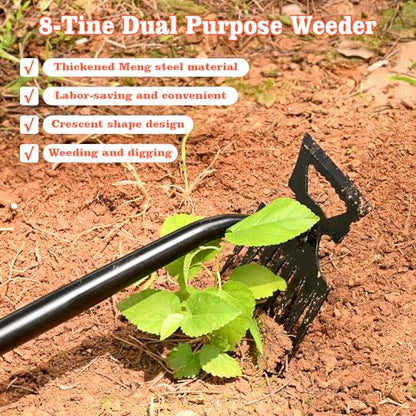BokingOne Portable Weed Removal Tool - 8-Prong Manganese Steel with Black Baked Rust-Proof Coating for Garden Lawn Farm, Non-Slip Rubber Handle - color: Black Baked Rust silvery