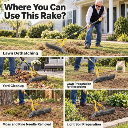 Manual Thatch Rake, 15" Dual-Sided Head with 19 Sharp Tines,70" Adjustable - size: 70''