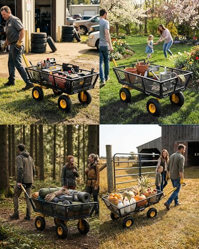 900 Lbs Heavy Duty Steel Garden Cart, Outdoor Metal Garden Wagon On Wheels, Utility Yard Cart with Mesh Removable Sides(Convert to Flatbed) and Removable Handle (to Wheel Barrow), Dark - color: Black