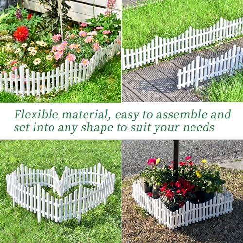 Sungmor Lightweight & Flexible Plastic White Edging Garden Picket Fence, Pack of 4 (One Piece L:24in, W:0.3in, H:13in) Above Ground Height 9.5in, Decorative Landscape Lawn Flowerbed Border Path Panel