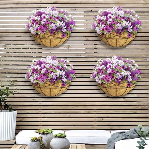 4 Pack 14 Inch Window Boxes Planters Railing Planter Box with Coco Liners Deck Railing Planter Boxes Balcony Hanging Flower Box Wall Mounted Half Round for Outdoor Plants Garden Decor - size: 14 Inch