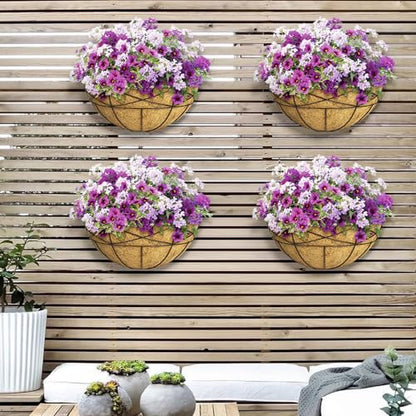 4 Pack 16 Inch Window Boxes Planters Railing Planter Box with Coco Liners Deck Railing Planter Boxes Balcony Hanging Flower Box Wall Mounted Half Round for Outdoor Plants Garden Decor - size: 16 Inch