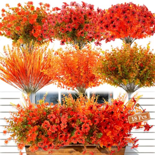 18 Bundles Realistic Fall Artificial Flowers for Outdoors UV Resistant - color: Mixed Orange