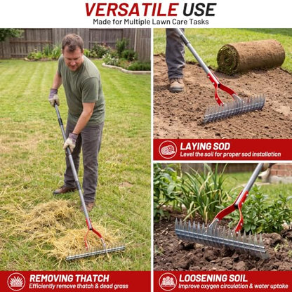 Suchtale Thatch Rake for Lawn, 15" Adjustable Manual Dethatcher Rake