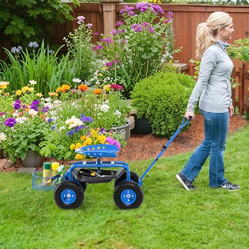 Garden Seat with Wheels, Rolling Stool with Extendable Handle, Storage Basket & Tool Tray, Garden Scooter with 360 Degree Swivel Seat for Outdoor & Yard (Blue) - color: Blue