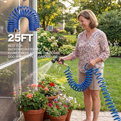 25FT EVA Coiled Garden Hose, 1/2 in Blue Hose, Brass Fittings - size: 25FT