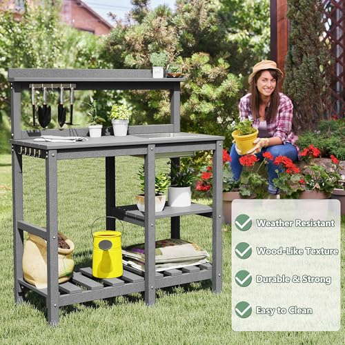 FOOWIN Potting Bench, HDPE Outdoor Potting Table with Sink, All-Weather Potting Benches for Outside, Gardening Table with Storage Shelf, Hook, for Garden, Patio, Lawns, Grey